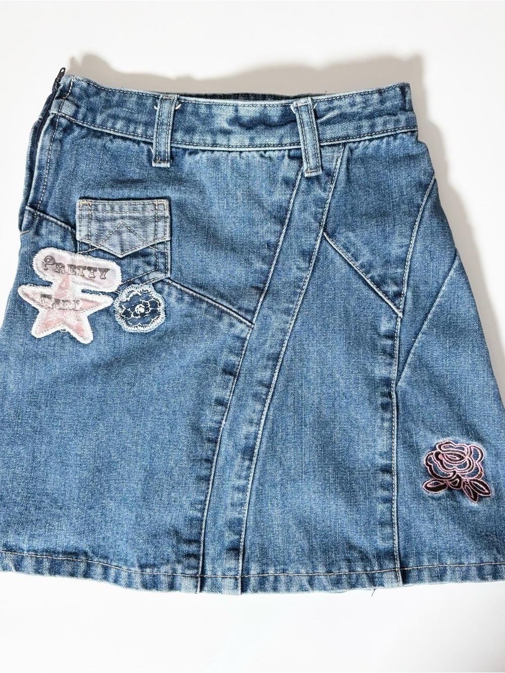 Vintage Y2K Girl’s Ungava Patchwork Denim Mini Skirt Embroidered Patches 6X